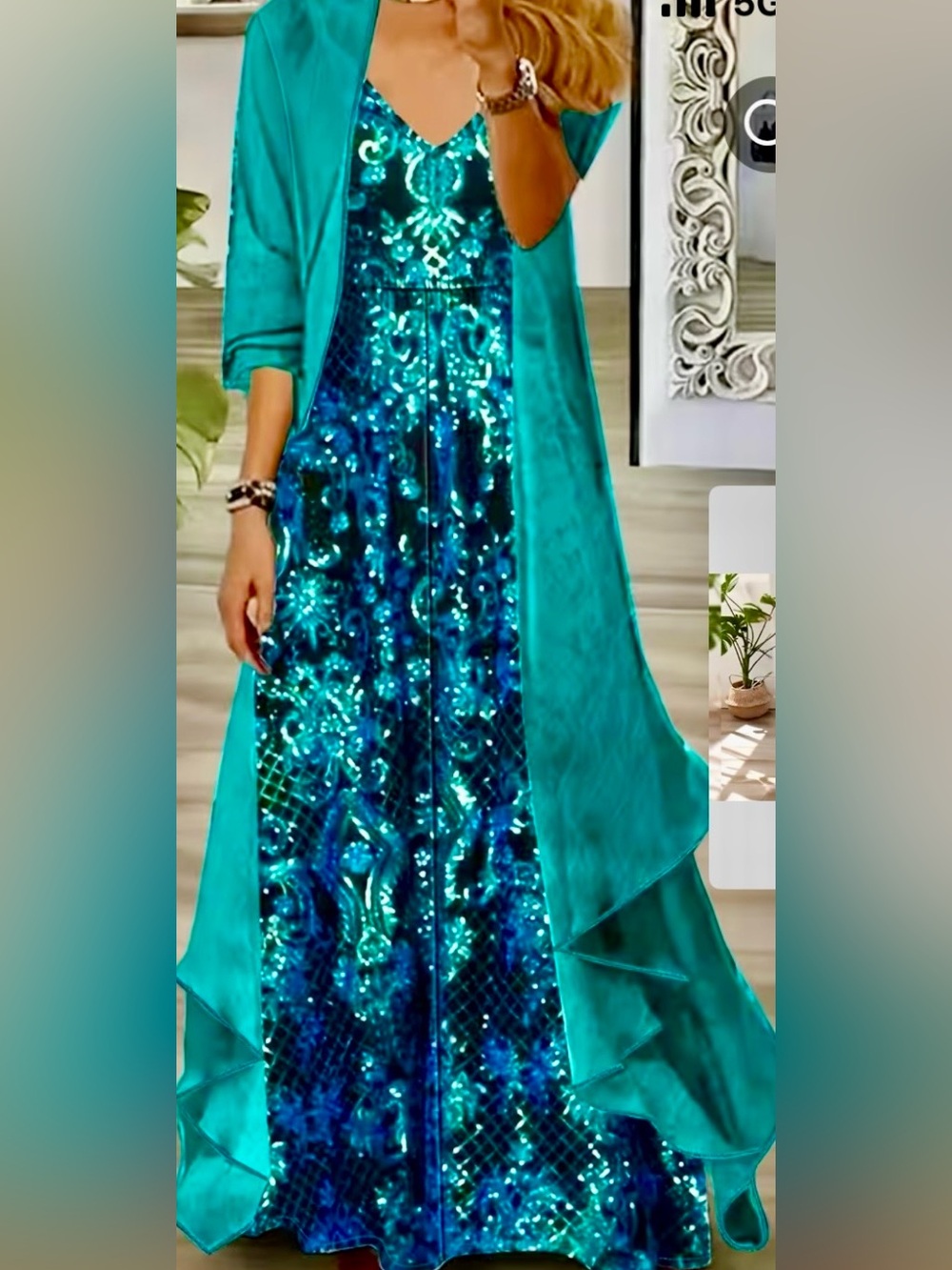 Turquoise Teal Maxi Dress with Shimmering Blue Pattern